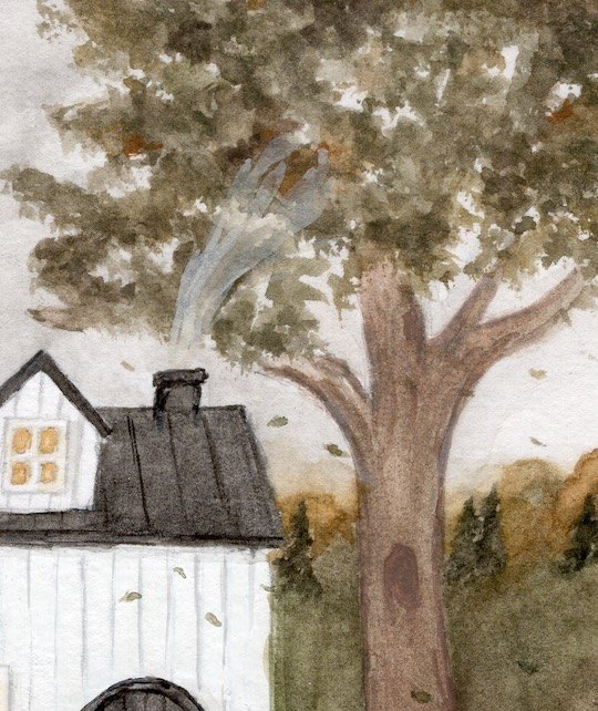 A watercolour of a white farmhouse with smoke rising from its chimney, beneath a large tree turning to early autumn.